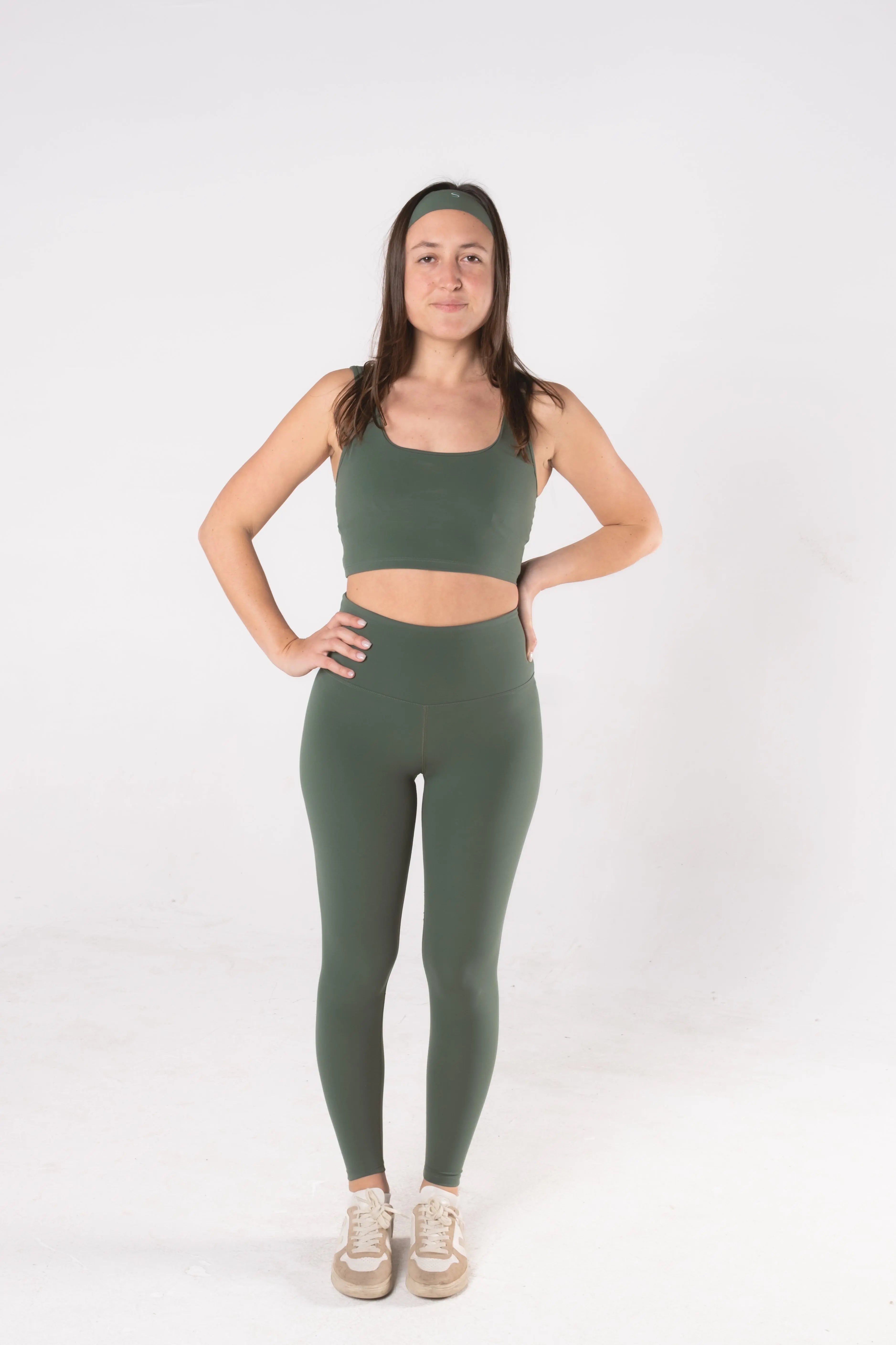 Woman wearing LESS Activewear Form Sculpting Leggings, second skin feel high waist design